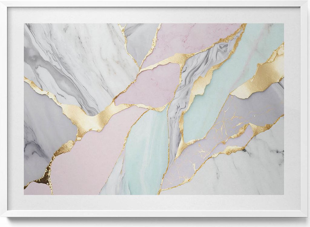 Pastellfarbener Marmor– Wandbild mit Rahmen – Gerahmtes Bild – Wanddekoration – 100x70 cm – Weiß Rahmen