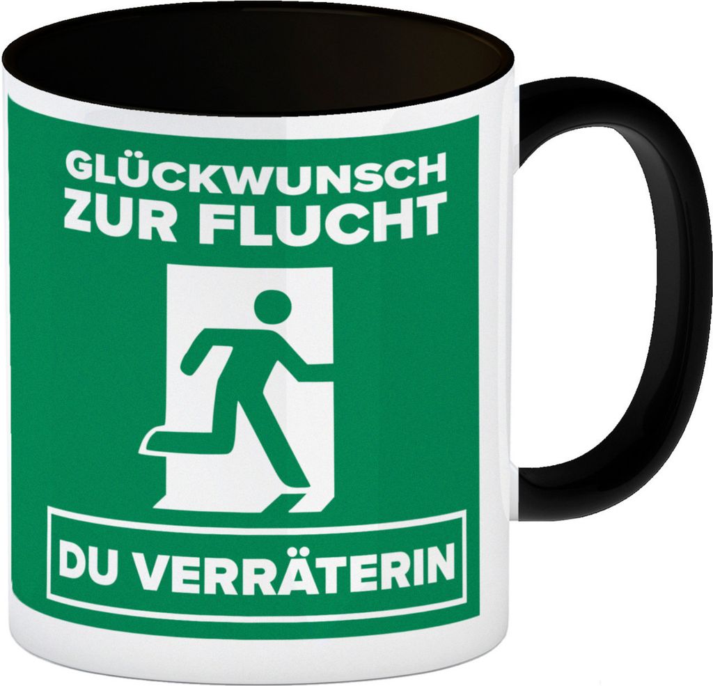 Glückwunsch zur Flucht du Verräterin Kaffeebecher Schwarz Produktbild 