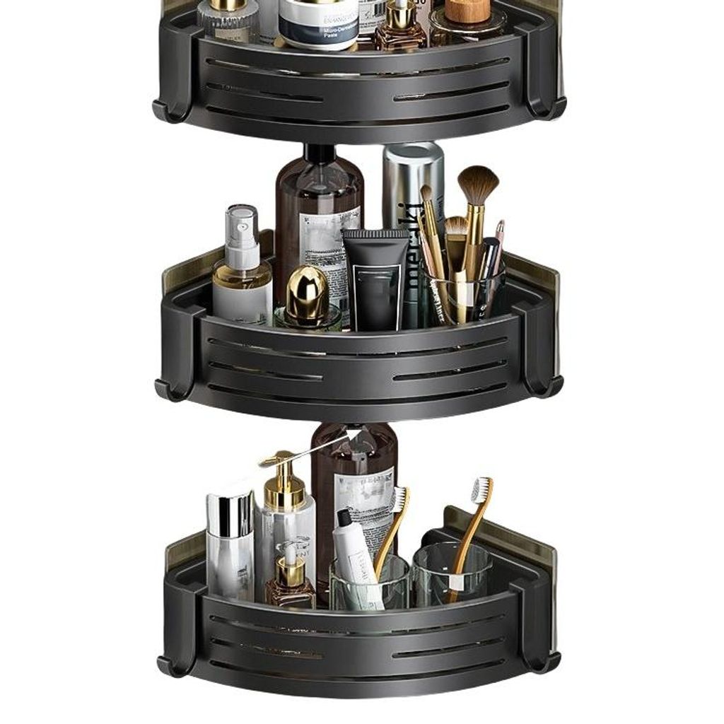 Eckregal ohne Bohren, verdicktes Aluminium Wandregal, Bad & Küche, wasserdicht, rostfrei, starke Tragkraft, mit 6 Haken, Dreilagig