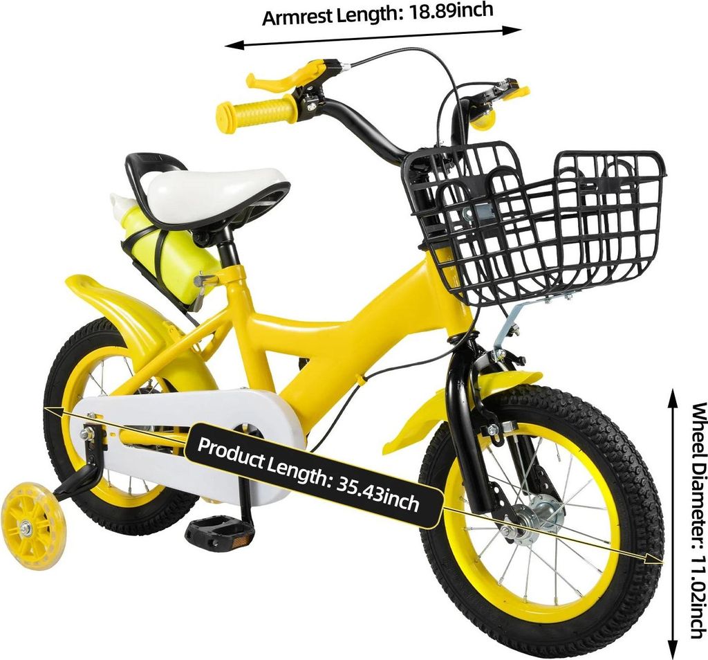 Kinderfahrrad - 30 cm Räder - Mit Stützrädern - Rahmen aus Kohlenstoffstahl - Stahlgabel - Doppelte V-Bremse - Gelb