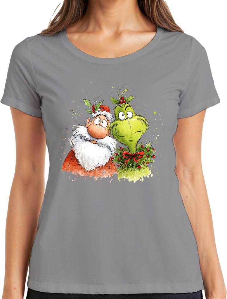 Grinch Weihnachtsmann lustig Weihnachten Kranz Geschenk Cartoon Damen T-Shirt, Grau, L