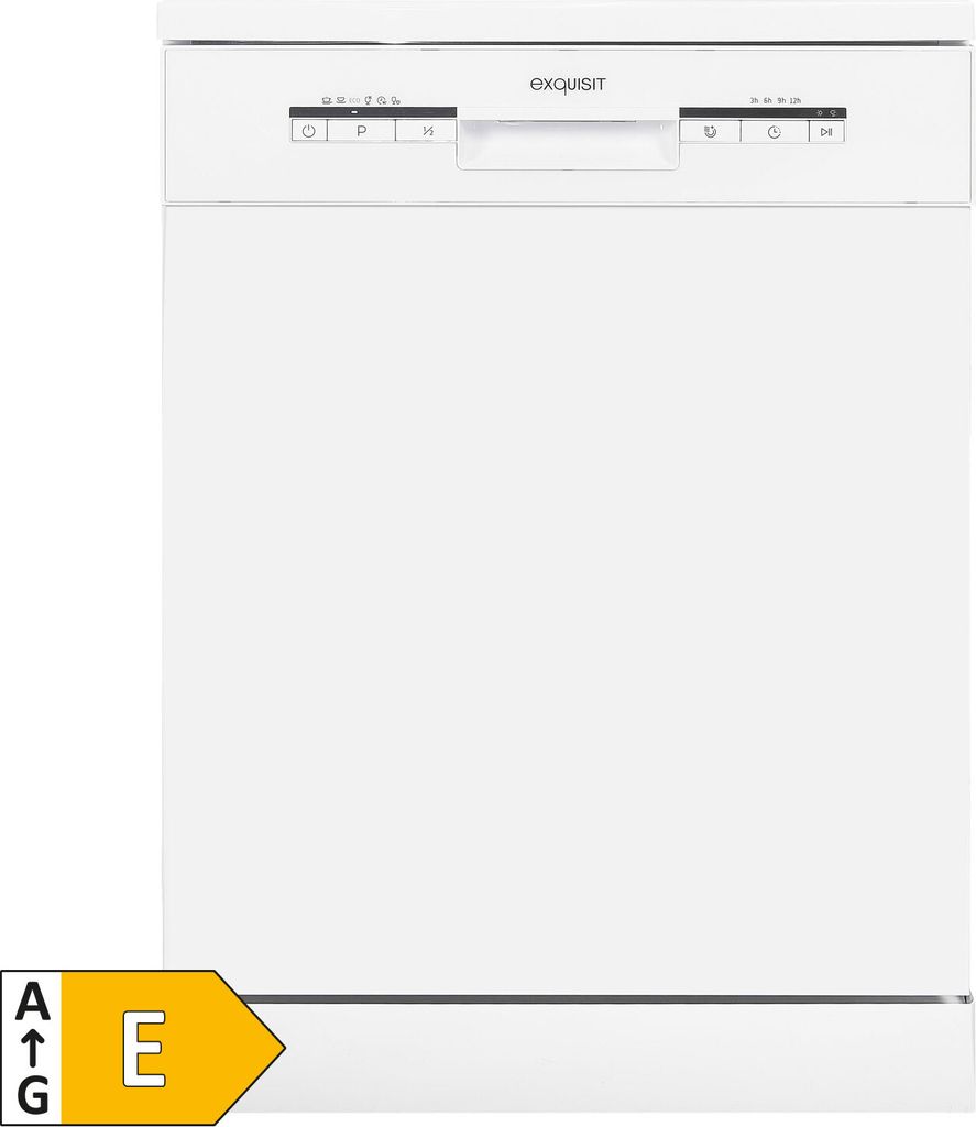 A white dishwasher is shown against a white background. The top panel has controls and the brand name 'exquisit'. An energy efficiency label is visible in the bottom left corner.