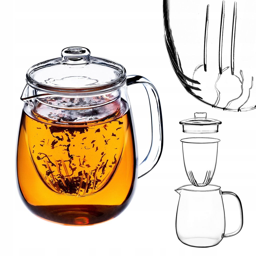 A glass teapot filled with amber-colored tea and loose tea leaves inside a glass infuser, shown against a white background. To the right, a diagram illustrates the teapot's components.