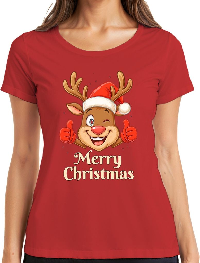 Merry Christmas niedlich Rentier Santa Hut Cartoon Familie Kinder Damen T-Shirt, Rot, 3XL