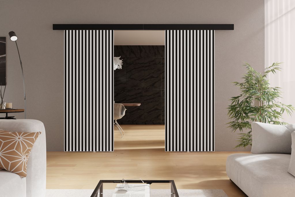 Schwebetüren 170 cm Belor Duo - Schiebetür mit Lamellen imitation, Design Zimmertür - Schiebetürsystem (Weiß)