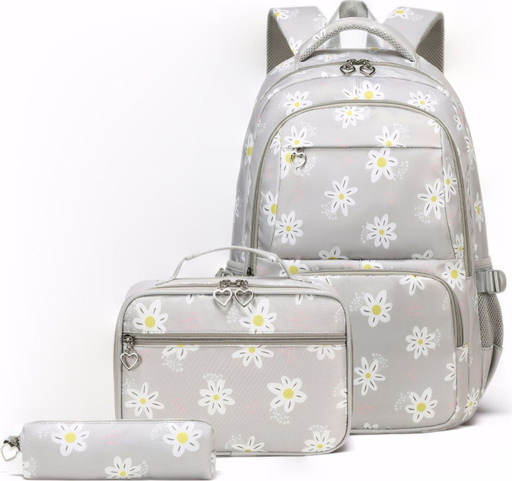(Grau)Schulrucksack 3 Teile Set Wasserdicht Schultasche Verschleißfest Schulranzen Kratzfest mit Isolierte Mahlzeittasche Mäppchen Rucksäcke...