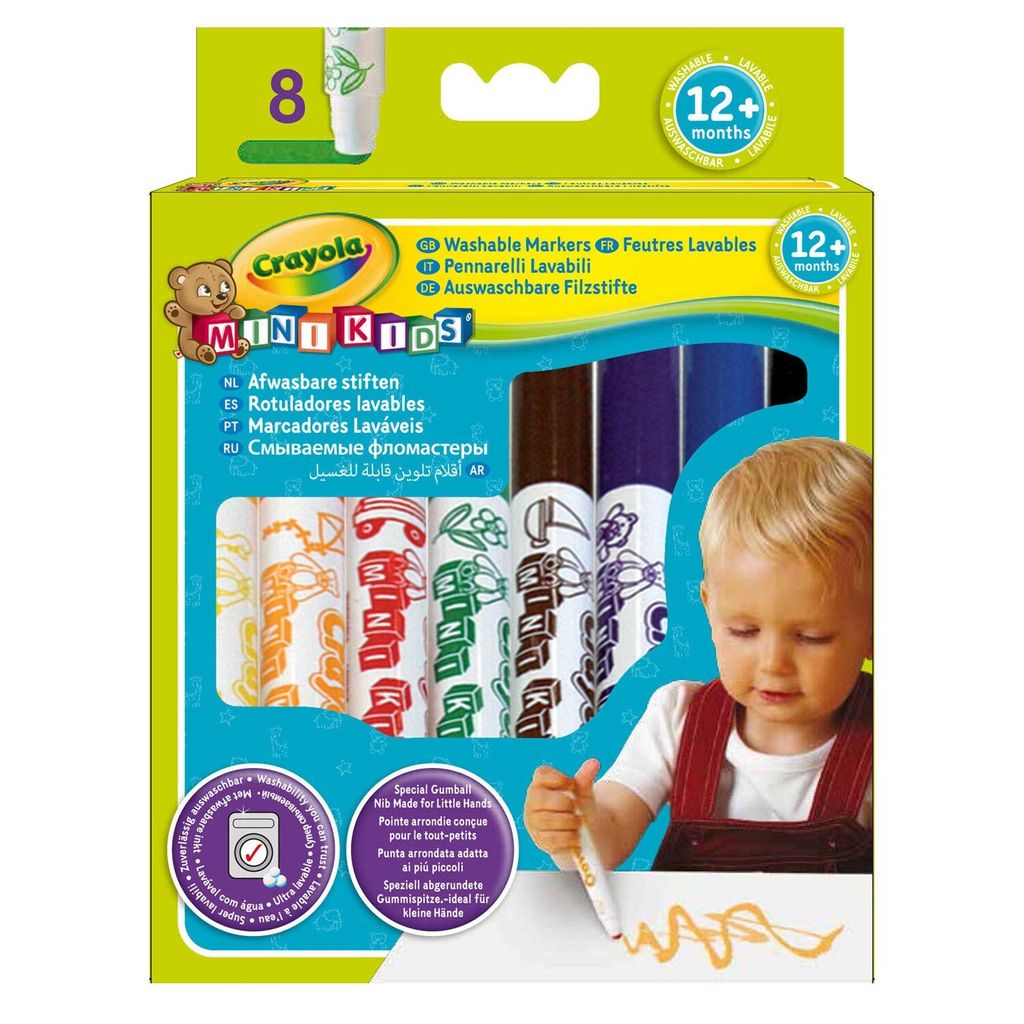 A box of Crayola Mini Kids Washable Markers, with a child drawing in the foreground.