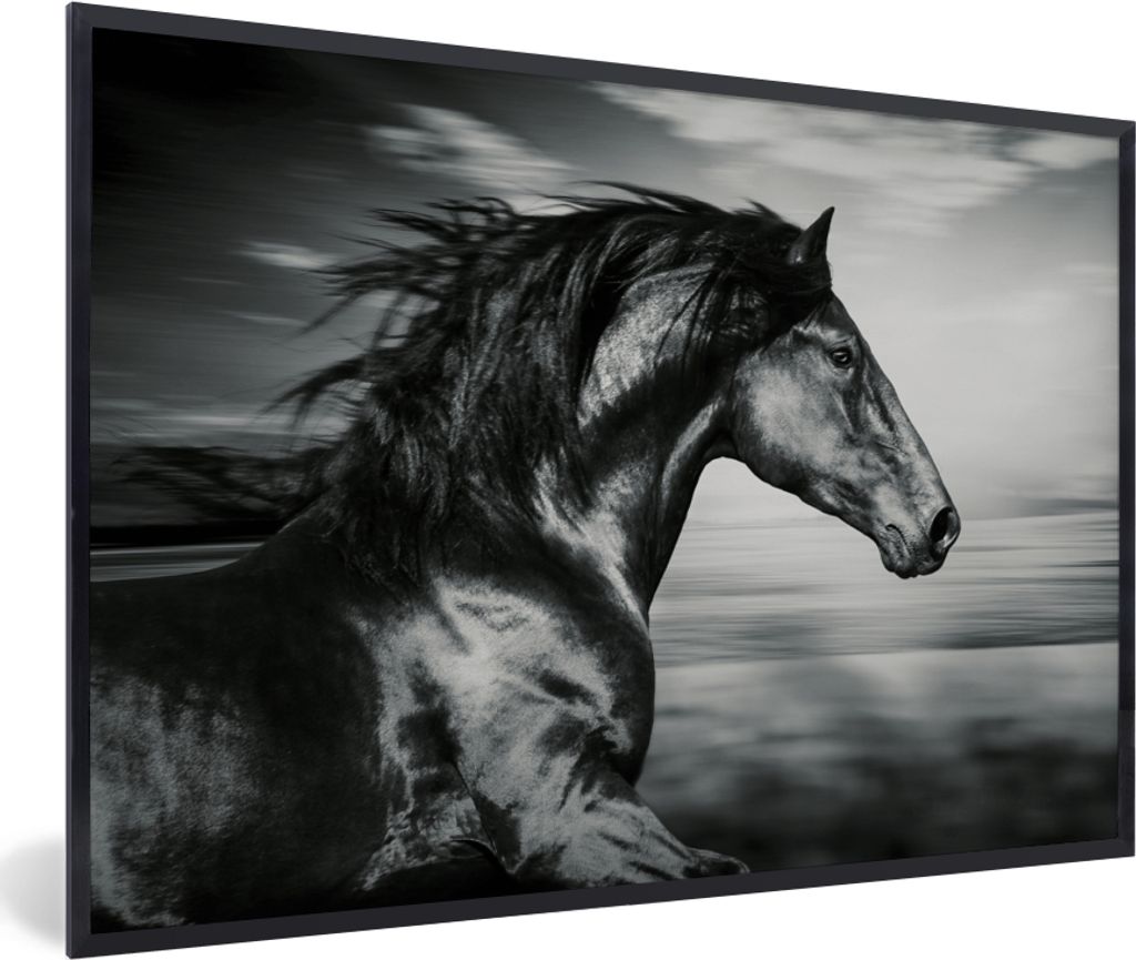MuchoWow Gerahmtes Poster Pferd - Tiere - Schwarz - Weiß 90x60 cm - Poster mit Schwarzem Bilderrahmen Wandposter Rahmen Foto Bilder - Fotorahmen...