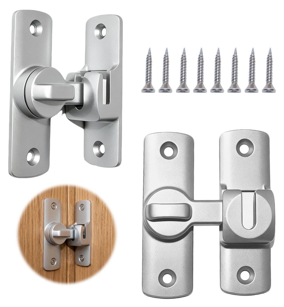 Edelstahl-Schiebetürriegel, 90/180-Grad-Türschlösser mit Schrauben für Schiebetüren, Badezimmer, Fenster, Schuppen, Gartentore, silberfarben