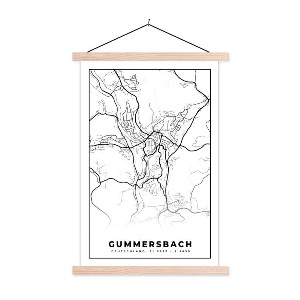 MuchoWow Textilposter Stadtplan - Gummersbach - Karte 40x60 cm mit holzfarbenen Rahmen - Poster