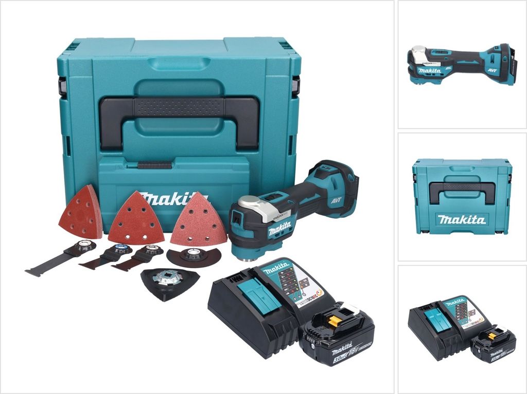 Makita DTM 52 RF1JX4 Akku Multifunktionswerkzeug 18 V Starlock Max Brushless + 1x Akku 3,0 Ah + Ladegerät + Zubehör Set + Makpac