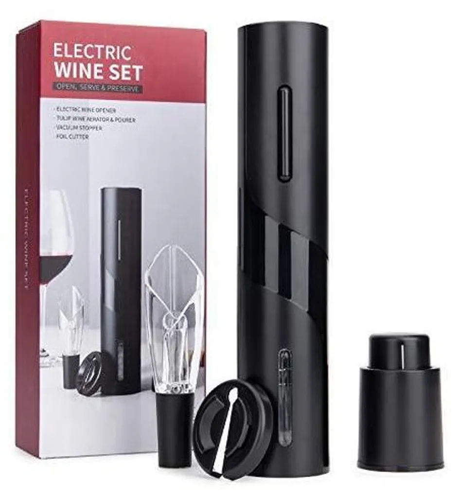 Kit apribottiglie elettrico, cavatappi, apribottiglie automatico, set cordless incluso tagliacapsule, tappo a vuoto per risciacquo