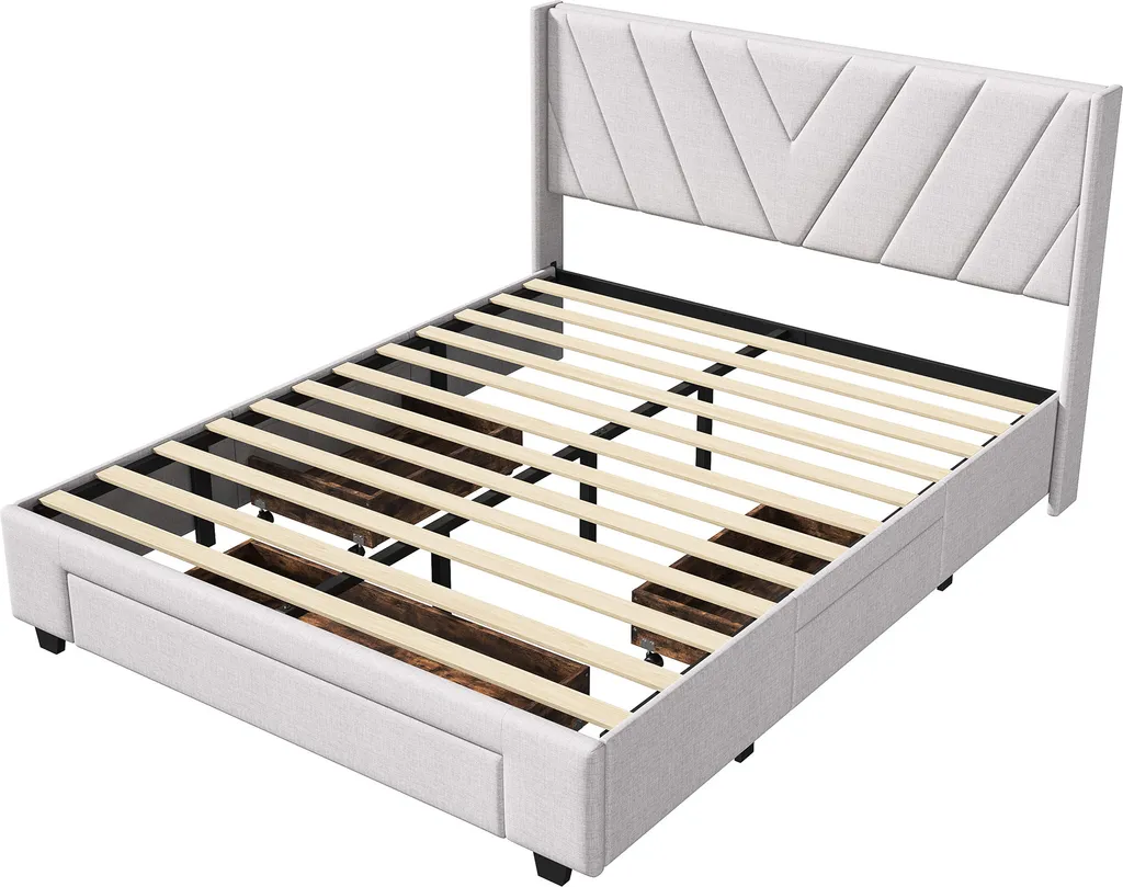 Lit double 140x200cm capitonné beige avec tiroirs et sommier à lattes