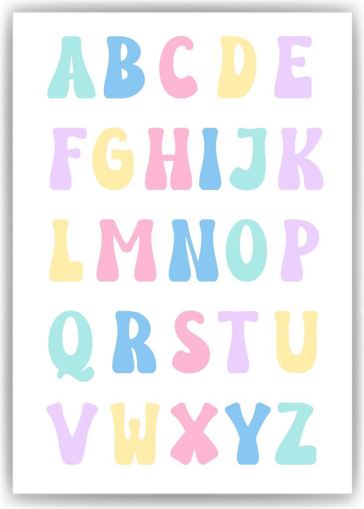 Alphabet Kinderposter ABC Lernposter Kinderzimmer Wandbild Einschulung Kindergarten Grundschule Lernhilfe für Kinder – DIN A4 (21x29.7cm)