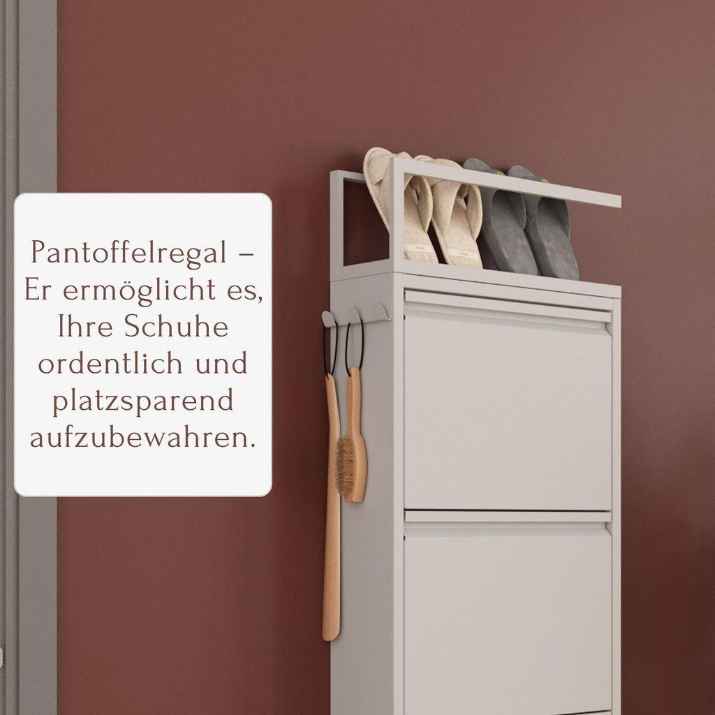 Schuhkipper mit Zubehör, Grau, 4 Klappen 52x15x151 cm, Pantoffelregal, Hakenleiste