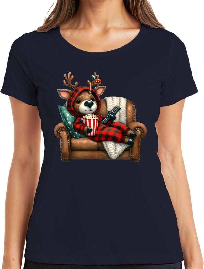 Weihnachtsrentier Kuschelig Popcorn Sofa Filmabend Geschenk Damen T-Shirt, Navy, XXL