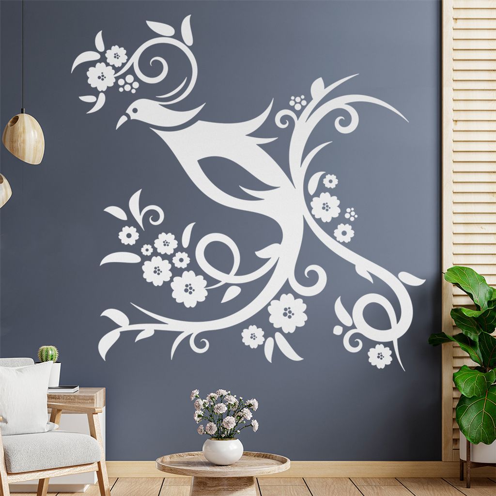 Vogel Ranke Blüte Wandtattoo in 6 Größen - Wandaufkleber Wall Sticker - Dekoration, Küche, Wohnzimmer, Schlafzimmer, Badezimmer