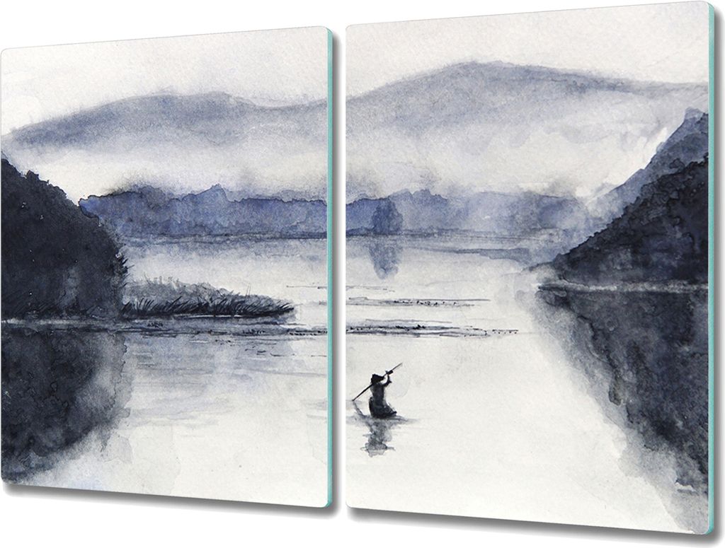 Coloray Schneidebrett Herdabdeckplatte 2x40x52 cm Kochplattenabdeckung Küchenbrett Hackbrett - Aquarell Boot Fischer