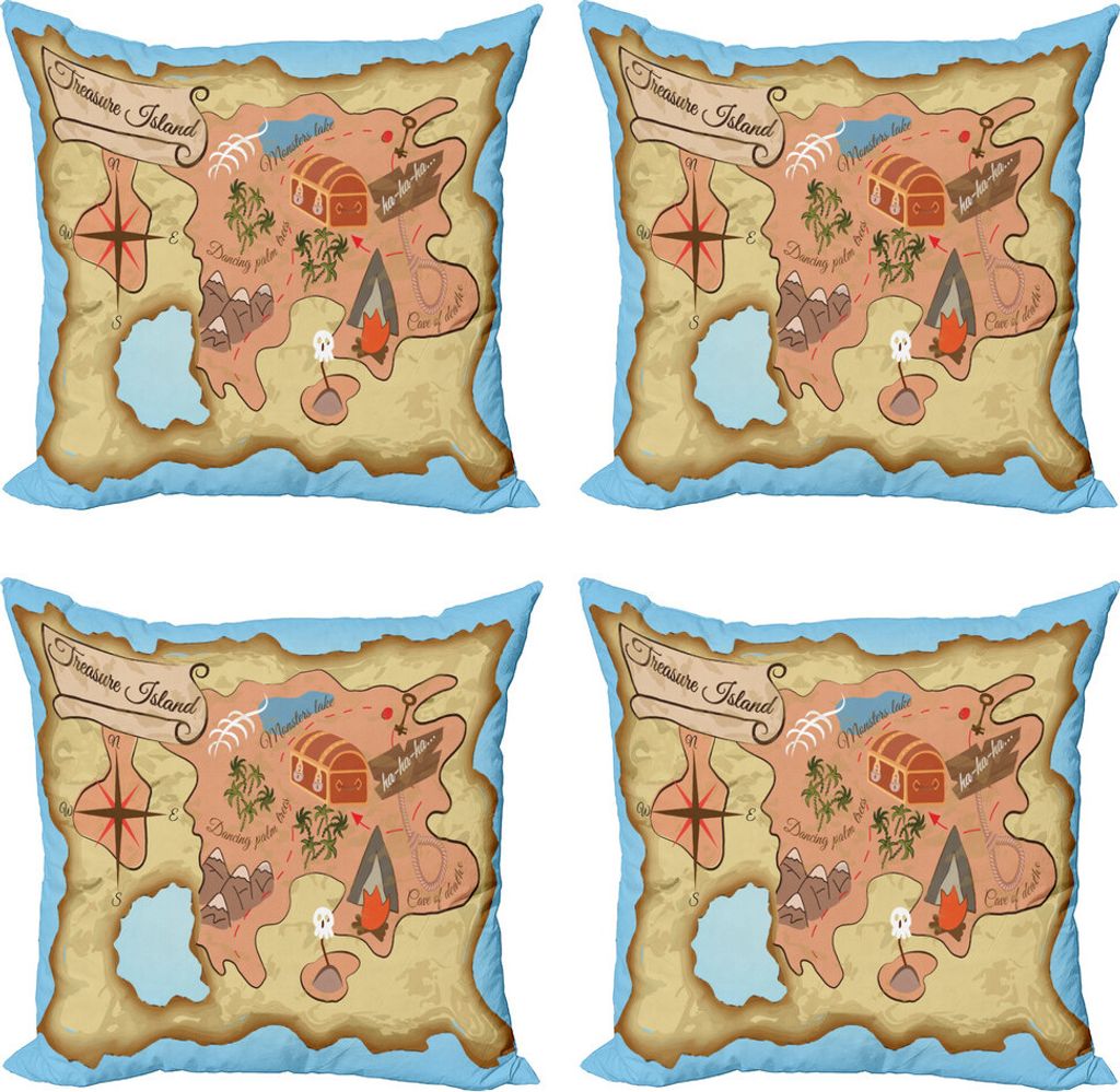 ABAKUHAUS Insel-Karte Kissenbezug Set (4 Stück), Schatz-Karten-Abenteuer, Moderner Doppelseitiger Digitaldruck, 40 cm x 40 cm, Creme-Rosa-Blau