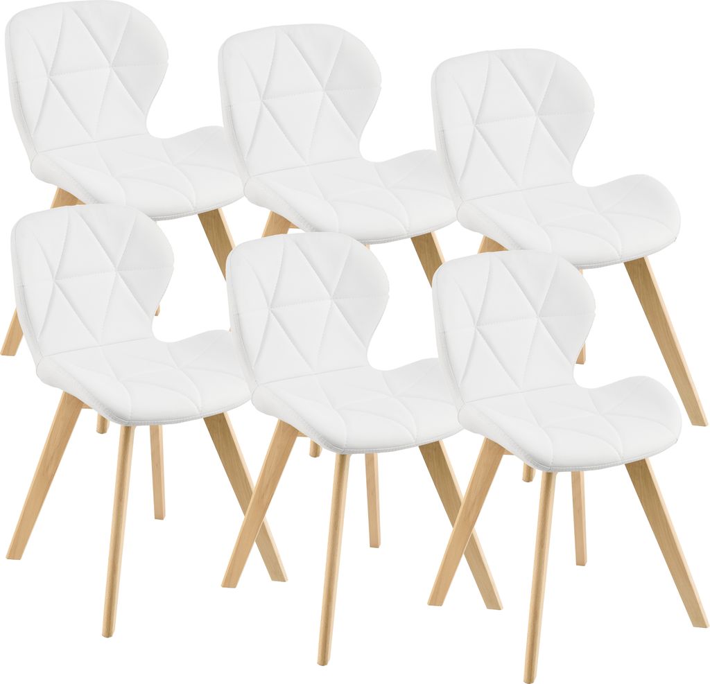 A set of six white dining chairs with wooden legs arranged in rows.