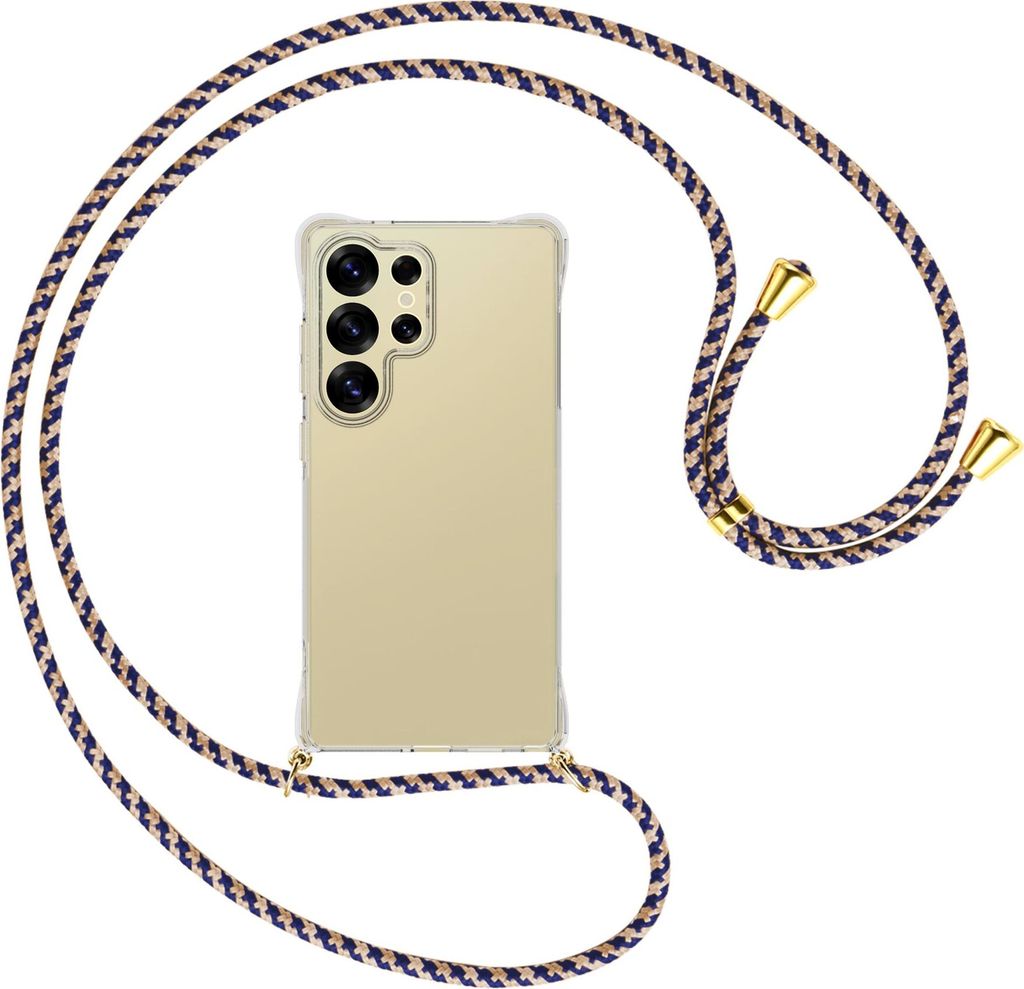 Handykette Backcover-Schutzhülle mit Band (Metall goldfarben) für Samsung S25 Ultra - blau+beige