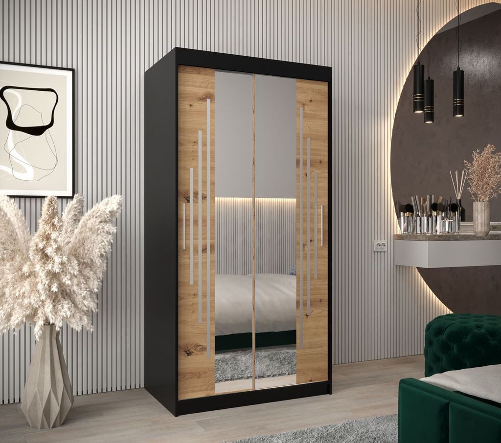 Kleiderschrank mit Spiegel VIVI – Breite 100 cm, schwarz / Eiche artisan