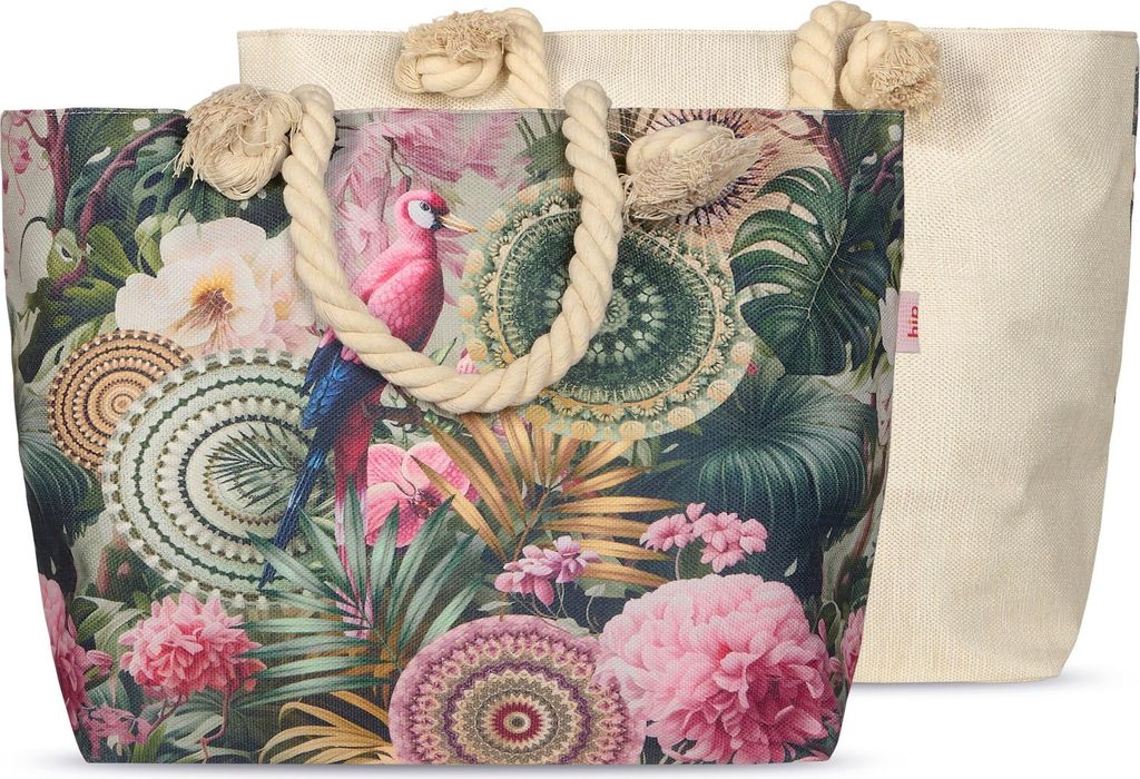 JACK by Descanso Strandtasche 55x40x15cm Bunte Motive Tasche Umhängetasche mit Reißverschluss aus Baumwolle, Farbe:Grün