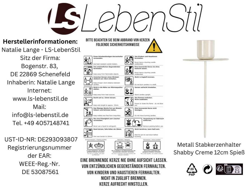 LS-LebenStil Metall Stabkerzenhalter Pastell Creme 12cm Produktbild 2