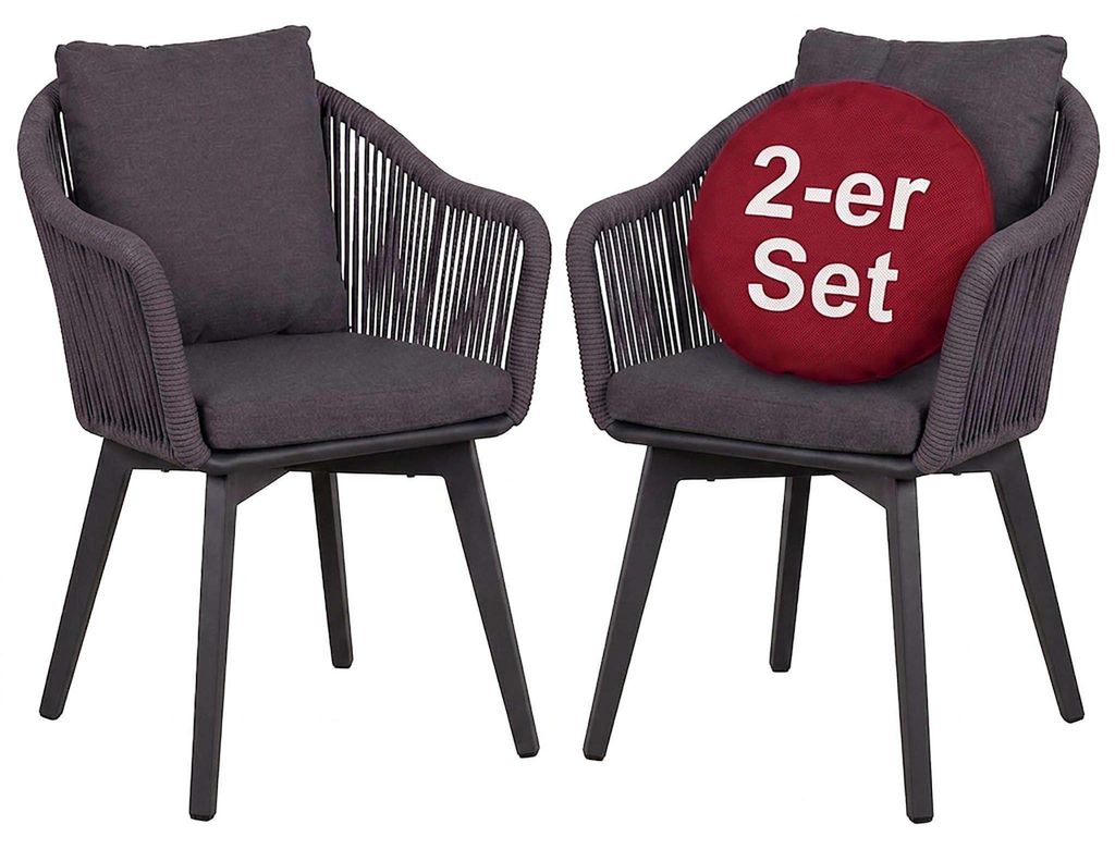 2er Set Diningsessel Marbella Rope mit Kissen uni grey