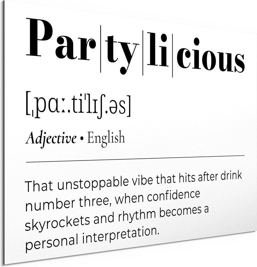 DEQORI Alu-Dibond Bild Weiß 60x40 cm 'Partylicious - Definition' Wandbild Metall dünn