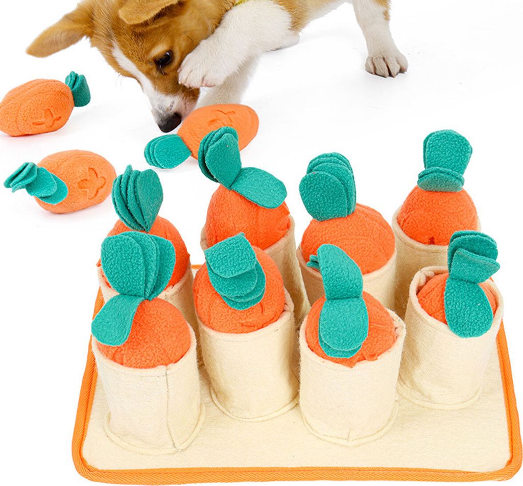 Schnüffelmatte für Hunde, Welpenspielzeug, Futtermatte mit 8 Karotten, Plüsch-Leckerli-Puzzlespielzeug