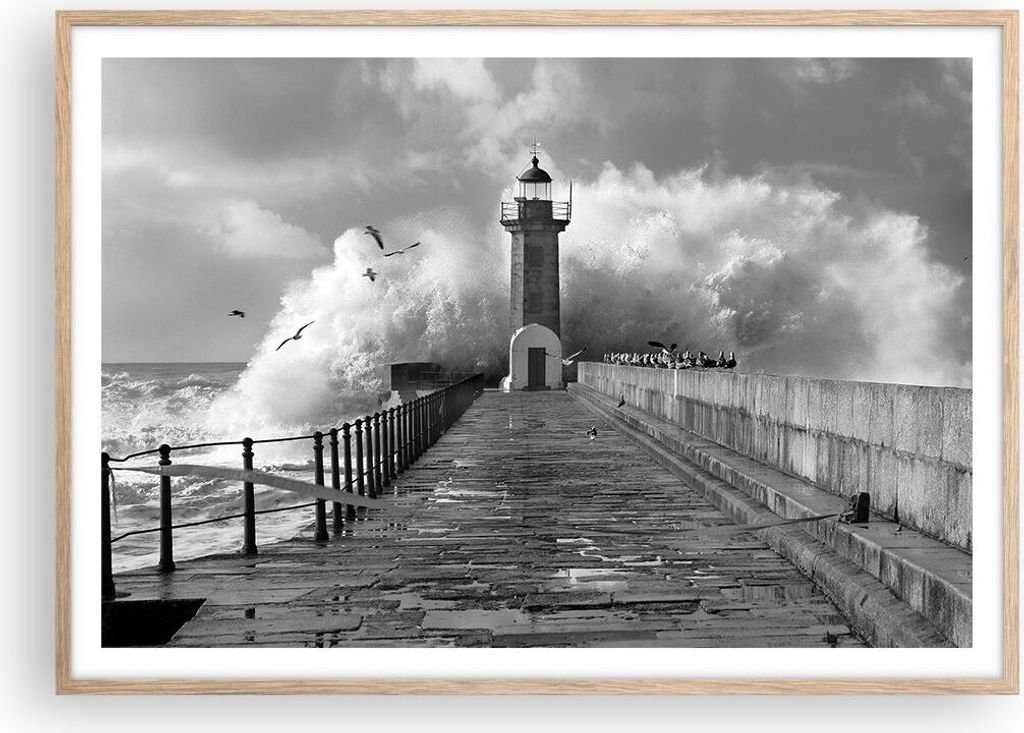 Gerahmtes Poster - Rahmen in heller Eiche - Laterne Meer Portugal - 100x70 cm - Wand Bild - Wanddeko - Wandbilder - Kunstposter - Wandposter - Bild...