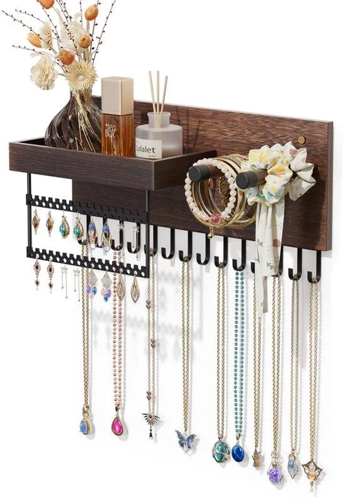 Rangement bijoux 15 crochets bois noir pour organiser vos accessoires