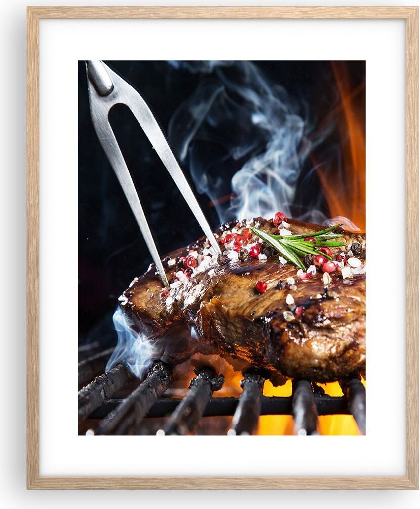 Gerahmtes Poster - Rahmen in heller Eiche - Steak Grill Flammen Essen - 40x50 cm - Wand Bild - Wanddeko - Wandbilder - Wandposter - Bilderrahmen - ...
