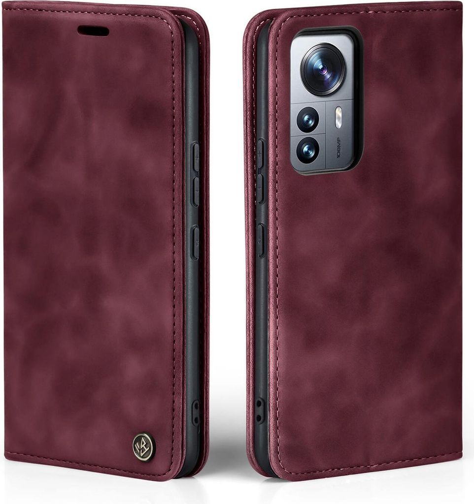 A burgundy flip case for a smartphone is shown from two angles.