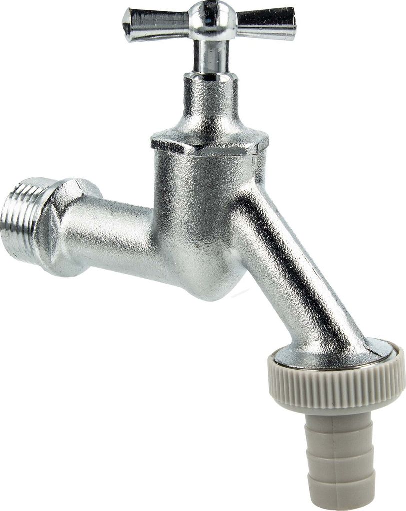 A close-up studio shot of a silver faucet with a gray hose connector, isolated on a white background.