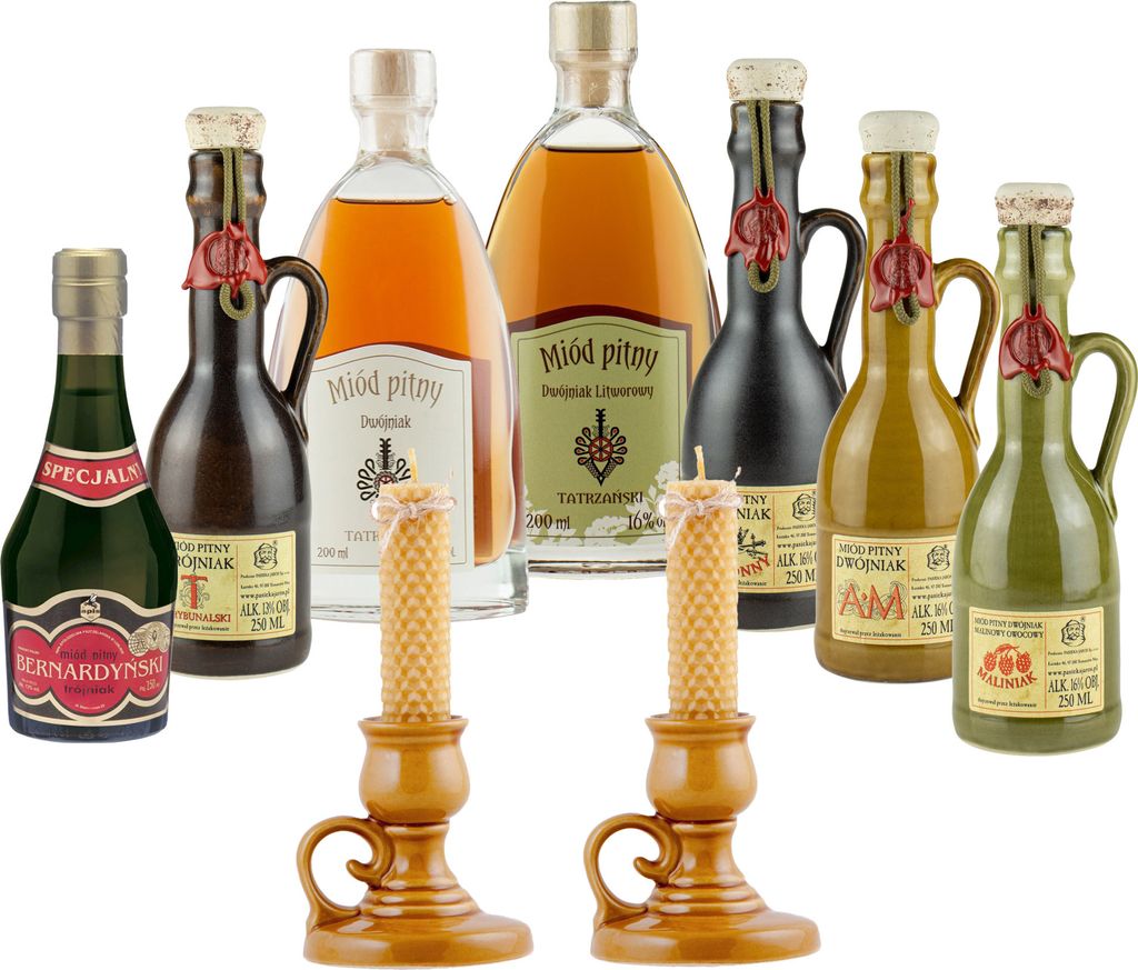 Setz von 7 Mets mit Leuchteren (Honigwein 5x Dwójniak-Halber / 2x Trójniak-Drittel) | 1650ml | 13-16% Alkohol Metwein | Polnische Produktion