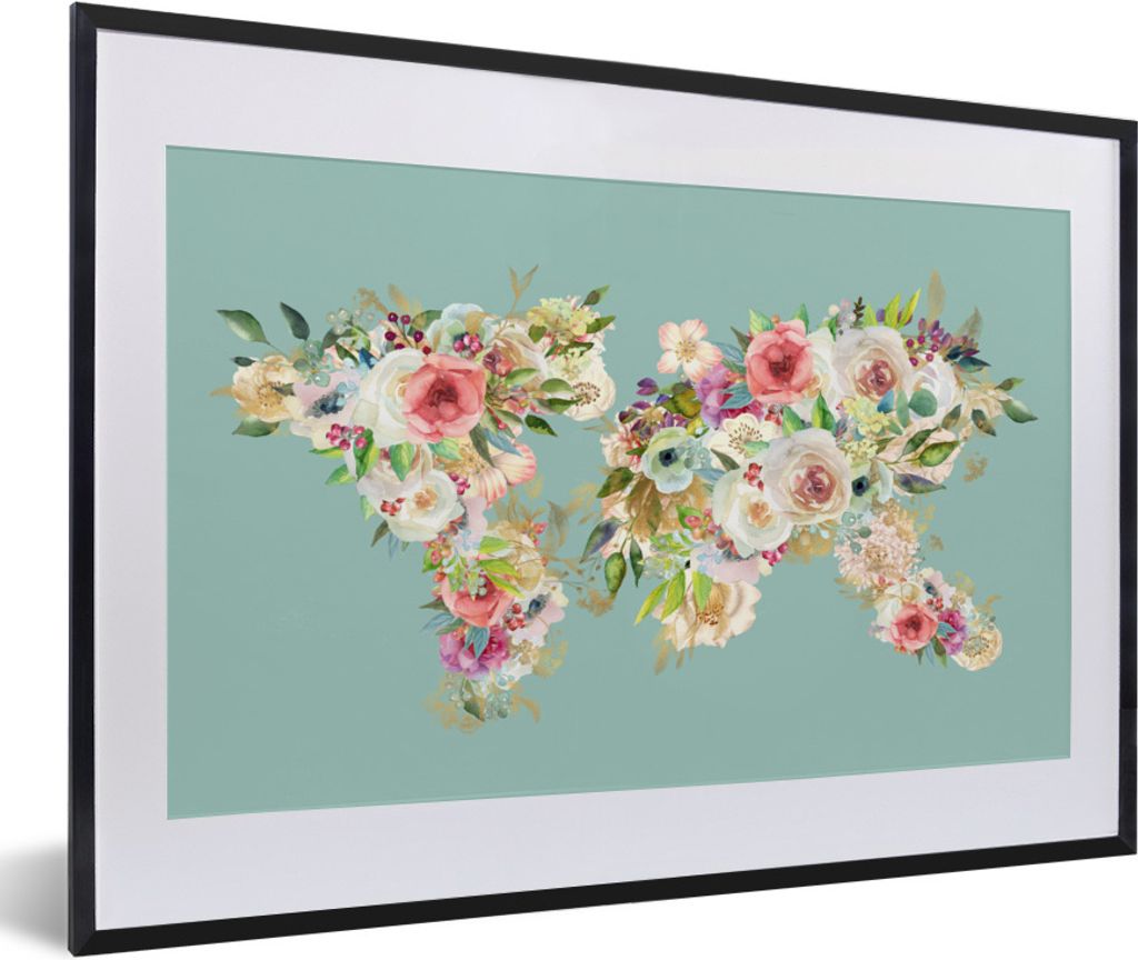 MuchoWow Gerahmtes Poster Karte - Welt - Blumen - Pflanzen 60x40 cm - Poster mit Schwarzem Bilderrahmen Wandposter Rahmen Foto Bilder - Schlafzim...