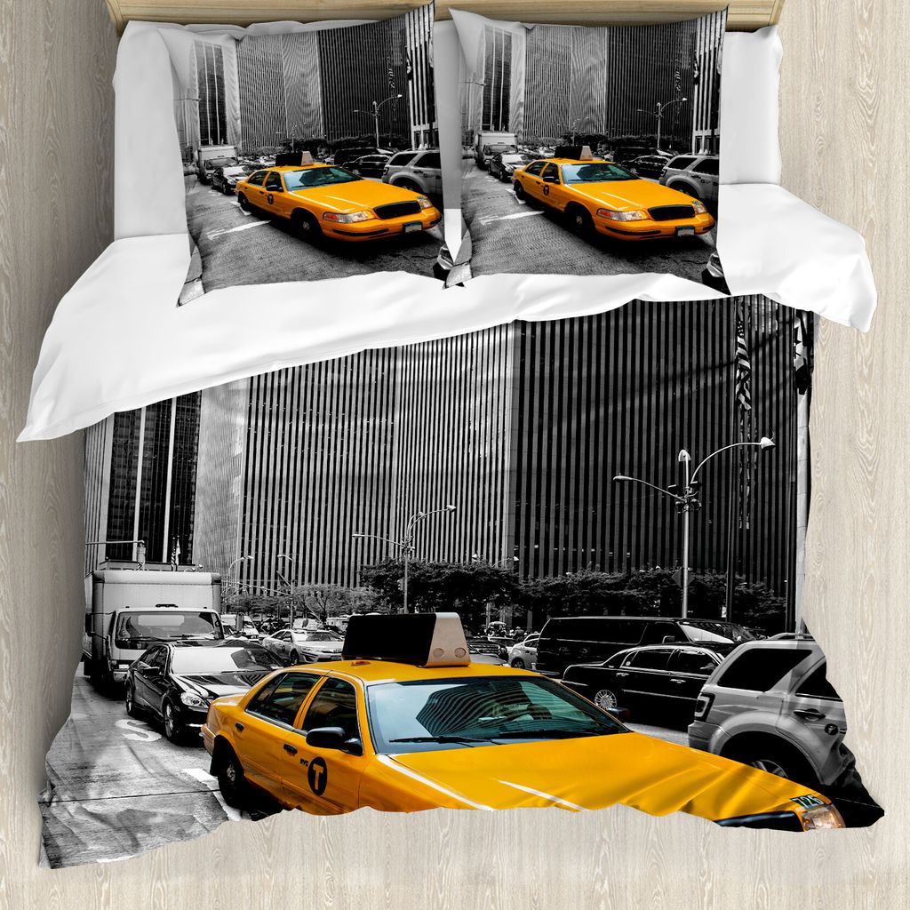ABAKUHAUS Stadt Bettbezug, New York Manhattan Straße, Milbensicher Allergiker geeignet mit Kissenbezügen, 200 cm x 200 cm - 80 x 80 cm, Marigold ...