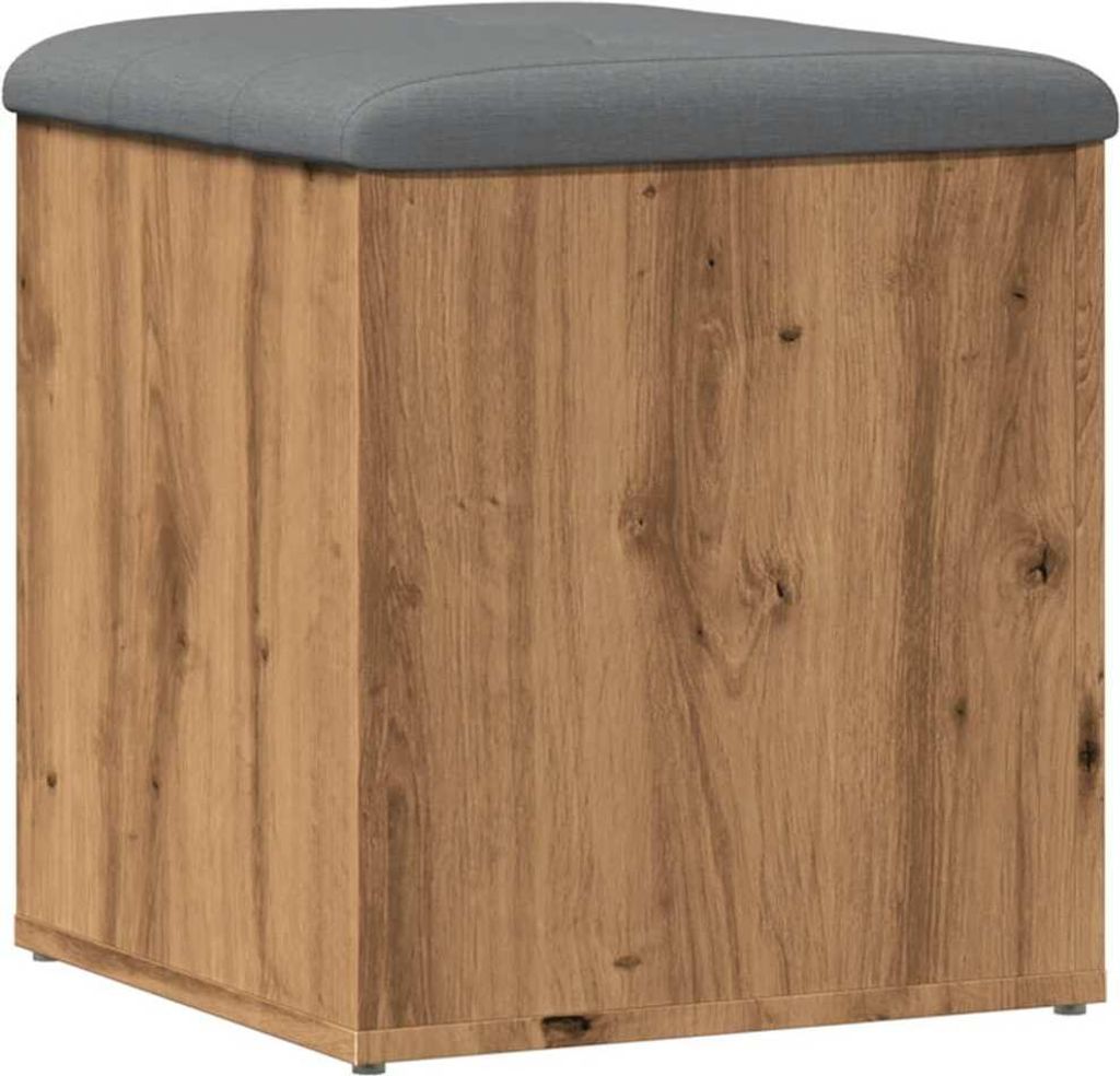 A wooden cube ottoman with a gray upholstered top, shown from a front-view angle.