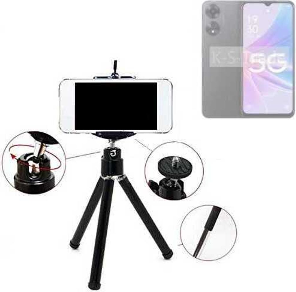 K-S-Trade Smartphone Stativ Dreibein kompatibel mit Oppo A1x 5G Tripod aus Aluminium Klemmstativ Stativ Adapter für Mobiltelefone schwarz 1x