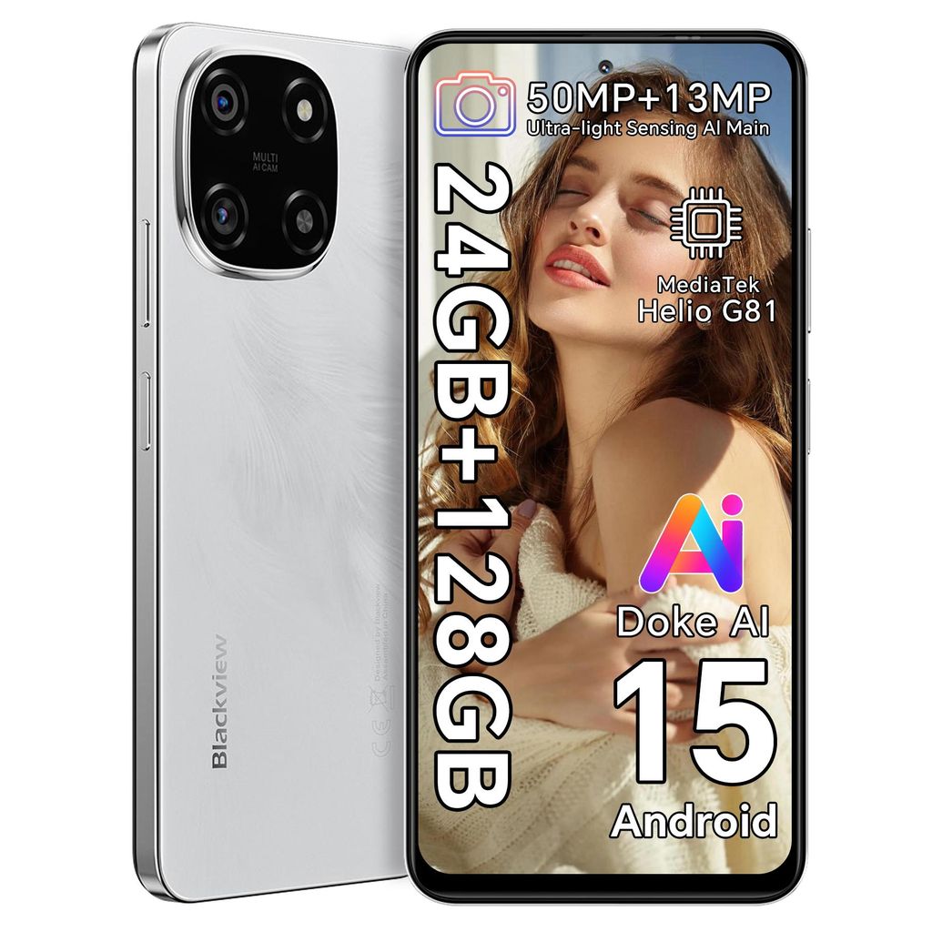 Blackview Color 6 Handy 24GB+128GB/2TBTF, Octa Core,Super PD 50MP, AI, MTK Helio G81,Android 15 Smartphone ohne vertrag, 6.67“,Dual SIM,18W, Face ID