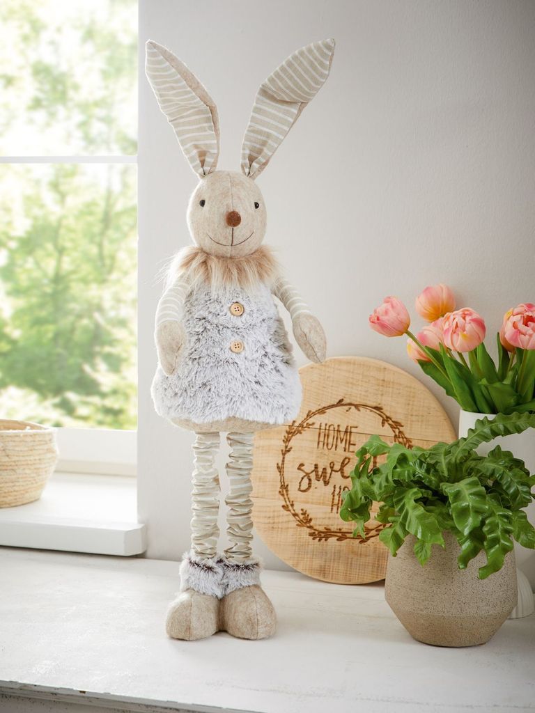 Hasenfigur "Langoh", Liebevoll Gefertigte Osterdeko mit Ausziehbaren Beinen, Verschiedene Textilien, Max. Höhe 60 cm für den Innenbereich