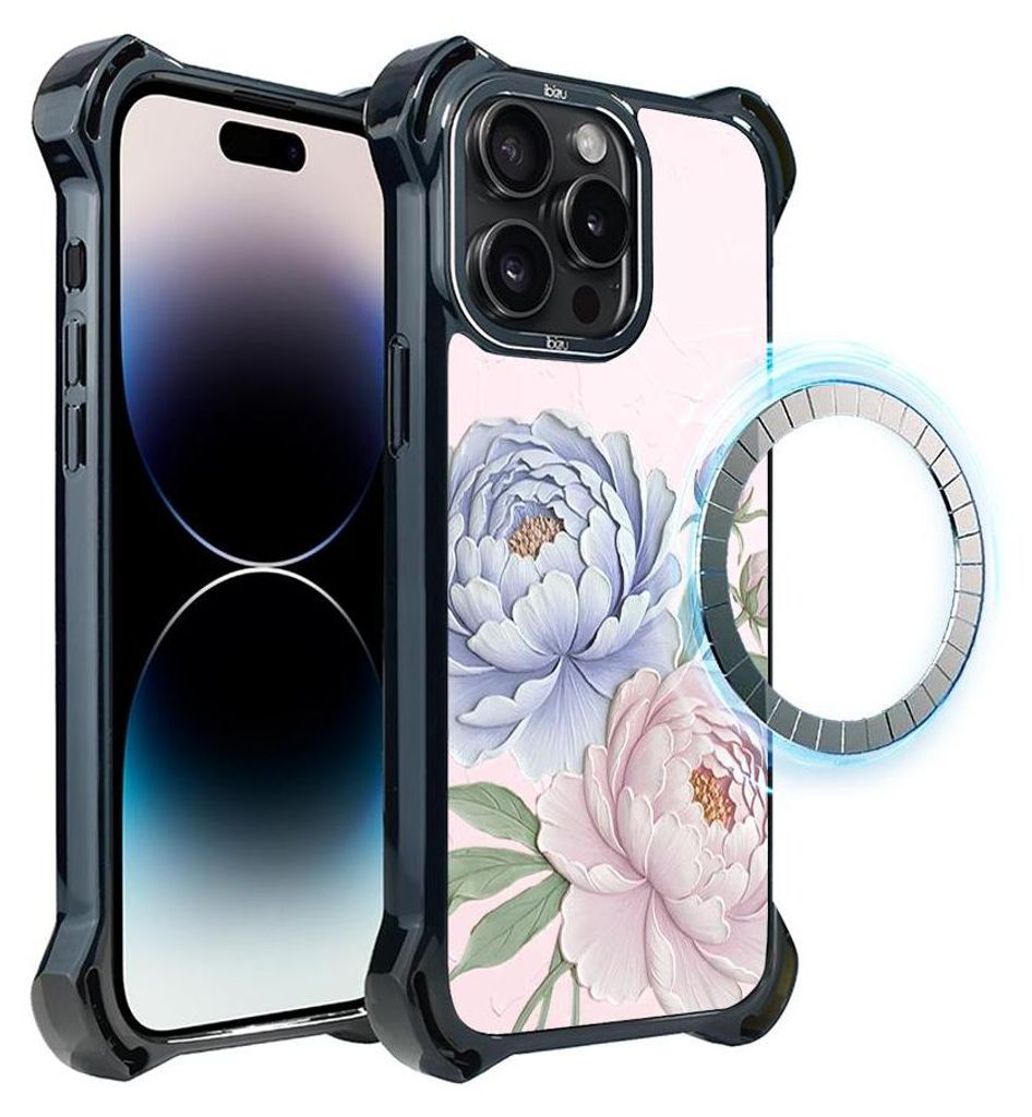 Schutzhülle für das iPhone 14 Pro, MagSafe-kompatibel, verstärkte Ecken, schwarz, Blumen, Pfingstrosen