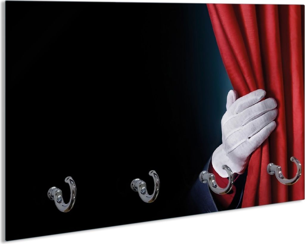 Wallario Schlüsselbrett aus Glas, Motiv: Vorhang auf für die Show Hand hinterm roten Vorhang, 30 x 20 cm mit 4 Haken