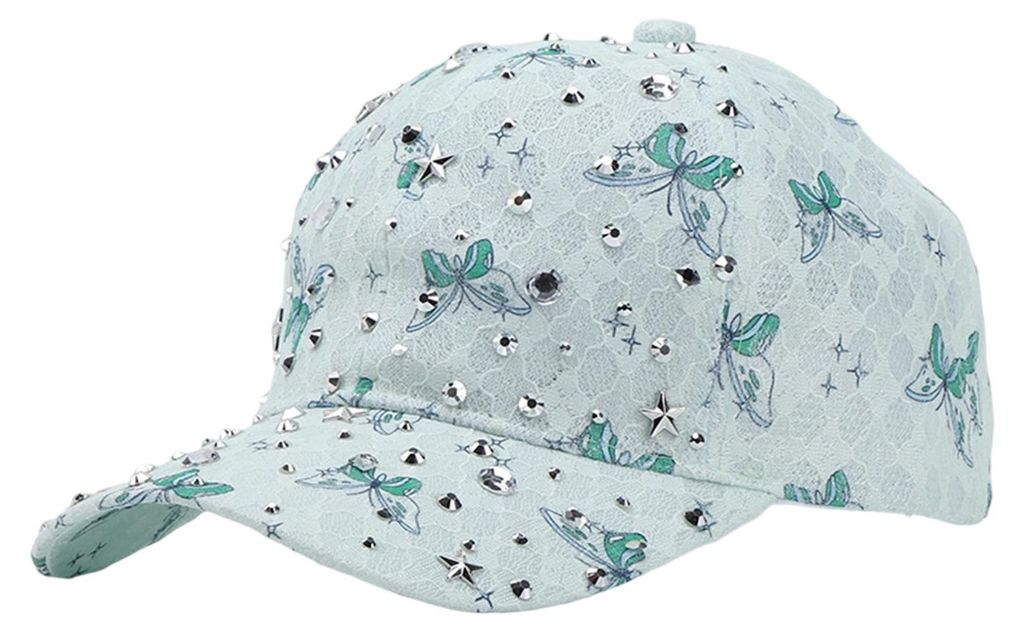Baseballkappe mit verstellbarem Verschluss hinten, Schmetterlingsdesign, gebogener Krempe, Sonnenschutz, Spitze und Strasssteinen, Damen-Kopfbedeckung