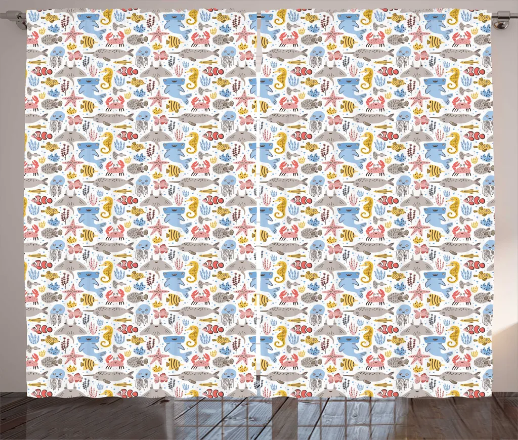 Rideau à motifs doodle marins ABAKUHAUS blanc avec boucles et crochets