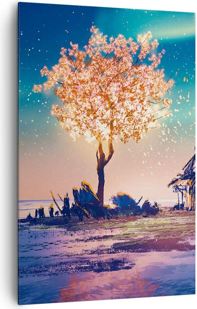 Bild auf Leinwand - Leinwandbild - Einteilig - Baum Haus Nacht Sterne - 80x120cm - Wand Bild - Wanddeko - Wandbilder - Leinwanddruck - Wanddekorati...