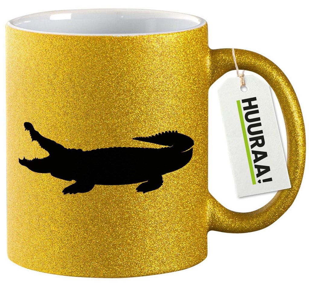 Huuraa Glitzertasse Krokodile Silhouette 330ml Gold Keramik Kaffeebecher Geschenkidee