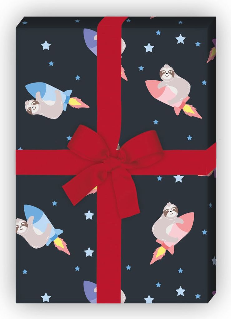 Lustiges Kinder Geschenkpapier mit Faultier auf Raketen - G12345, 32 x 48cm